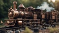 old steam locomotive A steampunk train that runs on coal and steam on a rusty and intricate railway. The train is a retro