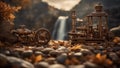 old steam Steam punk waterfall of invention, with a landscape of wooden gears and tools,