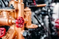 Old steam train cabine, valves, pipes closeup Royalty Free Stock Photo