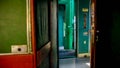 Interior of old steam train car with long wooden corridor Royalty Free Stock Photo