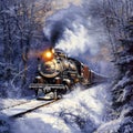 Old steam train coming true forest in winter Royalty Free Stock Photo