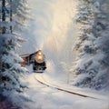 Old steam train coming true forest in winter Royalty Free Stock Photo