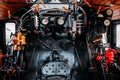 Old steam train, driver cab, nobody Royalty Free Stock Photo