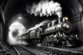 old steam train enveloped by the dimly lit, damp confines of an archaic tunnel, dense plumes of white steam Royalty Free Stock Photo