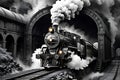 old steam train enveloped by the dimly lit, damp confines of an archaic tunnel, dense plumes of white steam Royalty Free Stock Photo