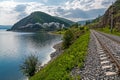 Old steam train rides on the Circum-Baikal Railway Royalty Free Stock Photo