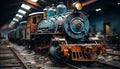Old steam train on rusty railroad track in abandoned factory generated by AI Royalty Free Stock Photo