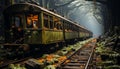 Old steam train speeds through abandoned forest, vanishing into darkness generated by AI