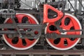 Bigger details on the old steam locomotive. Heavy iron parts. Locomotive in parts. Close-up