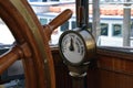 Old steamboat bridge, steering wheel and commanding gear Royalty Free Stock Photo