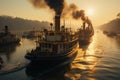 Old steamboat with smoke in river. Generative AI