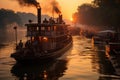 Old steamboat with smoke in river. Generative AI