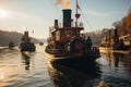 Old steamboat with smoke in river. Generative AI