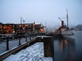 Old steamer at wharf in winter Royalty Free Stock Photo