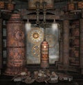 Steampunk boiler room with golden clocks