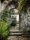 Old steel garden gate in a stone wall overgrown with vegetation