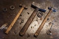 The old steel hammers with wooden handles and some bolts, nuts, bearings, valves, washers, nails on the metal background Royalty Free Stock Photo