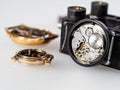 old steel mechanical watch close up on white board Royalty Free Stock Photo