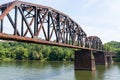 An old steel railroad trestle bridge over the Monongahela River