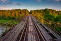 Old steel railway bridge over Lake Pilchowickie in Poland. Lower Silesia Royalty Free Stock Photo