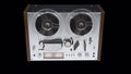 Old steel reel-to-reel tape recorder plays on a transparent background in 4K. With alpha channel