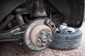 Old steel ventilated brake disk with rusty support brake pads are ready for removing, a rear wheel