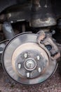 Old steel ventilated brake disk with used brake pads are ready for removing, rear wheel