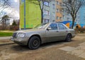 Classic old grey veteran vintage sedan car Mercedes Benz 250 front and left side view parked Royalty Free Stock Photo