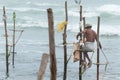 Old stilt fisherman with his wooden rod facing back to camera angel, fishing in a traditional unique method in Sri Lanka