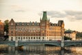 Old Stockholm cityscape, water, bridge, canal