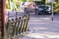 Old stone balustrades on the streets of the city are askew. The dilapidated fence is in need of repair and restoration