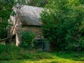 old stone barn with a double door that is overgrown Royalty Free Stock Photo