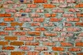 Old stone brick wall. Red brick wall of building. Brown stonewall surface. Broken retro wall structure. Brick wall texture
