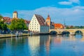 Old stone bridge over river Danube in Regensburg, Germany Royalty Free Stock Photo