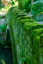 Old stone bridge over stream in Desmond Dene park, Newcastle, UK Royalty Free Stock Photo