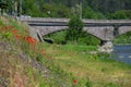 old stone bridge and a red poppy