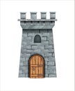 Old stone castle tower, vector medieval brick wall fortress, wooden door, loopholes.