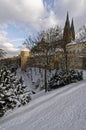 Old stone castle in wintertime