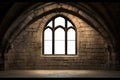 a old stone chapel church Gothic arch stone medieval window. Brick, stone wall. Isolated transparent background.