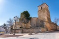 Old stone church with bell tower in the medieval village of Pezuela Torres, Madrid. Royalty Free Stock Photo