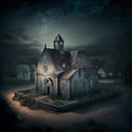 Old stone church in a small french village at night. Big sky, top view. Templar seal, occult, epic illustration