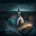 Old stone church in a small french village at night. Big sky, top view. Templar seal, occult, epic illustration