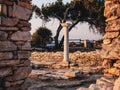 Old stone column in the ruins of the ancient Aliki stone quarry and marble port, Thasos Royalty Free Stock Photo
