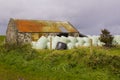 An old stone cottage with a rusting corrugated iron roof in Northern Ireland that has been converted for farm storage uses Royalty Free Stock Photo