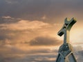 Old stone cross against sun set sky, Selective focus, Concept religion, catholic, faith, Copy space