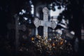 An old stone cross in the cemetery among the foliage of trees and orange flowers in the twilight of the night. Religion and Royalty Free Stock Photo