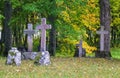 Old stone crosses on graves with autumn