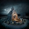 Old stone church in a small french village at night. Big sky, top view. Templar seal, occult, epic illustration