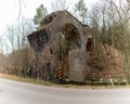 Old stone destroyed railway bridge. Old transport infrastructure in Central Europe