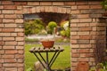 Old stone entrance wall in the garden with beautiful colorful foliage Royalty Free Stock Photo